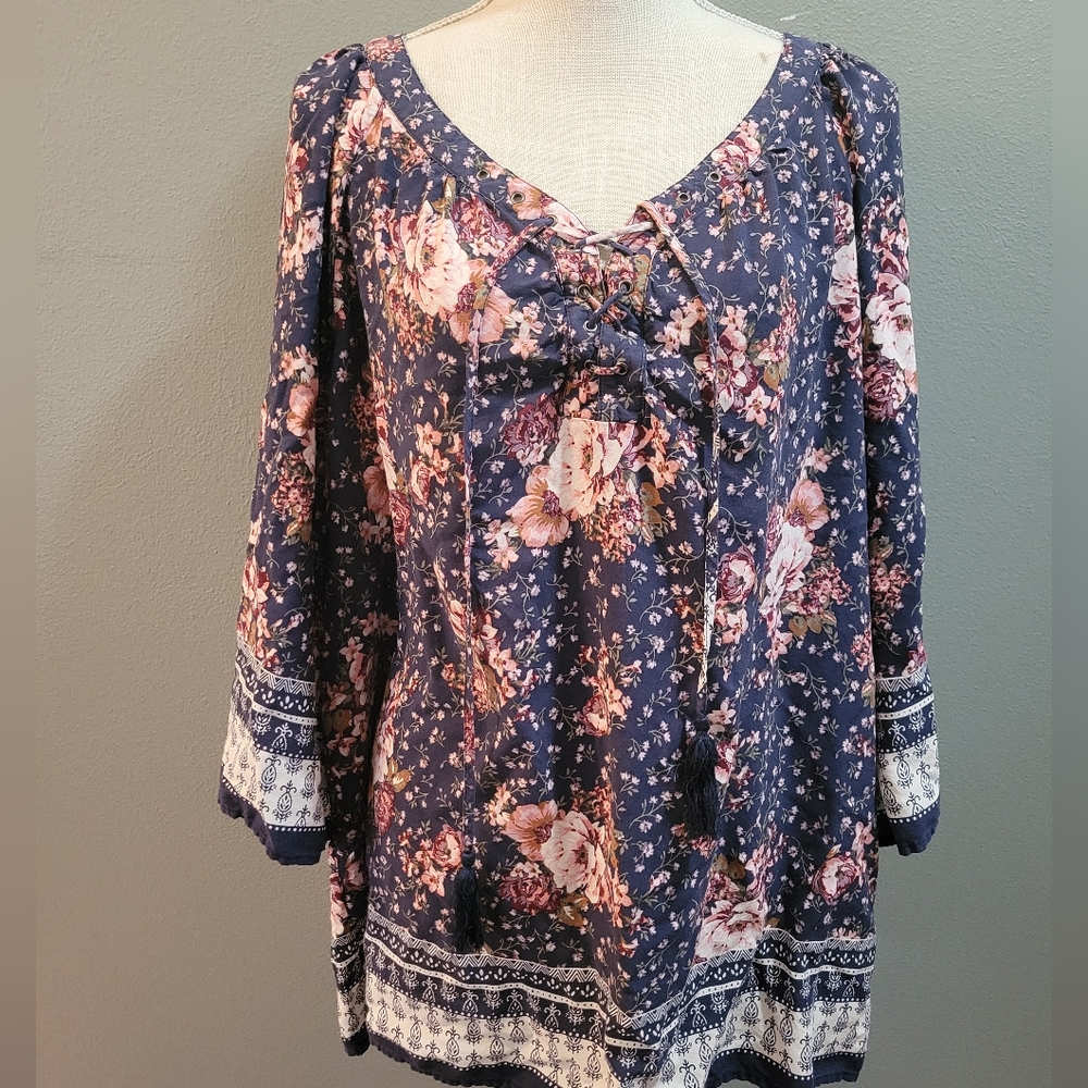Navy Blue Krazy Kat Floral Print Flowy Boho Lace Up Neckline Blouse 3x